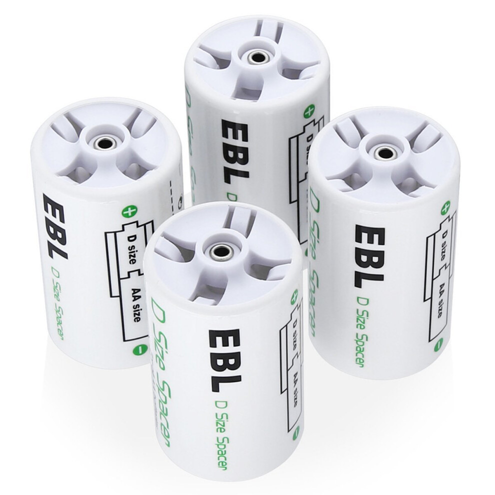 EBL AA to D Battery Converters, Pack of 4 AA to D Battery Adapters, Battery Spacer for AA Batteries