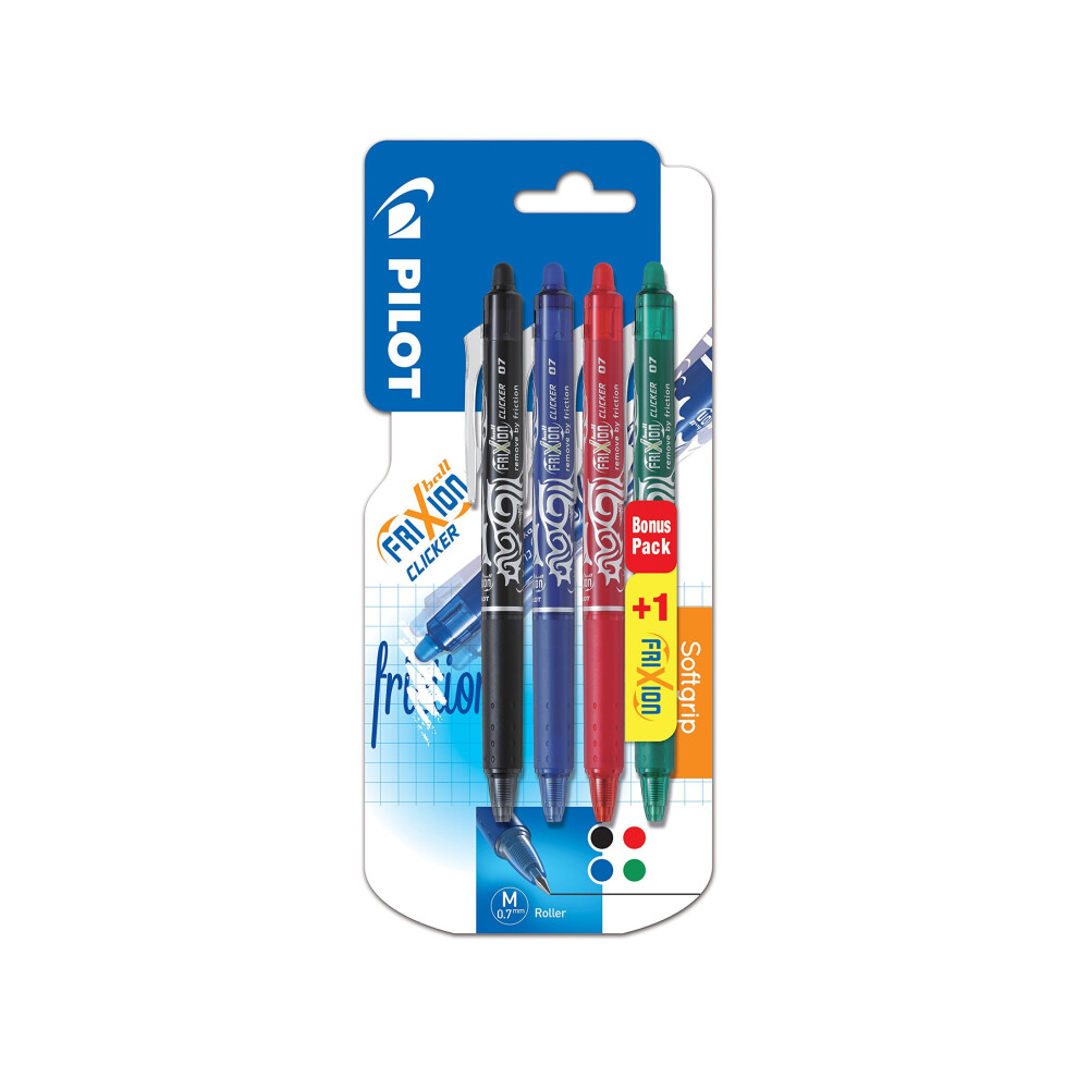 Pilot Frixion Ball Clicker Pack of 3 Ink Gel Temperature-Sensitive Rollerball Pens + 1 Free Medium Point