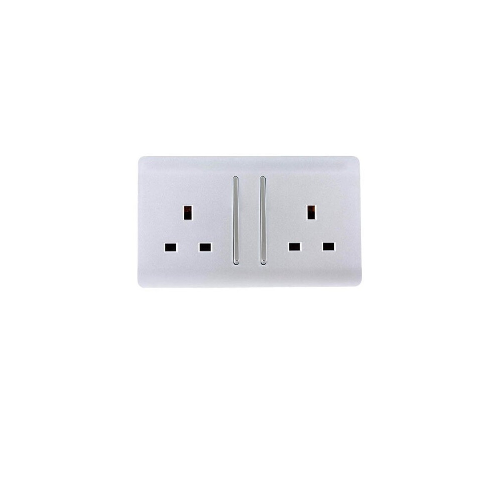 Trendi Switch 2 Gang Artistic Modern Glossy 13 Amp Electrical Long Switched Plug Socket Silver