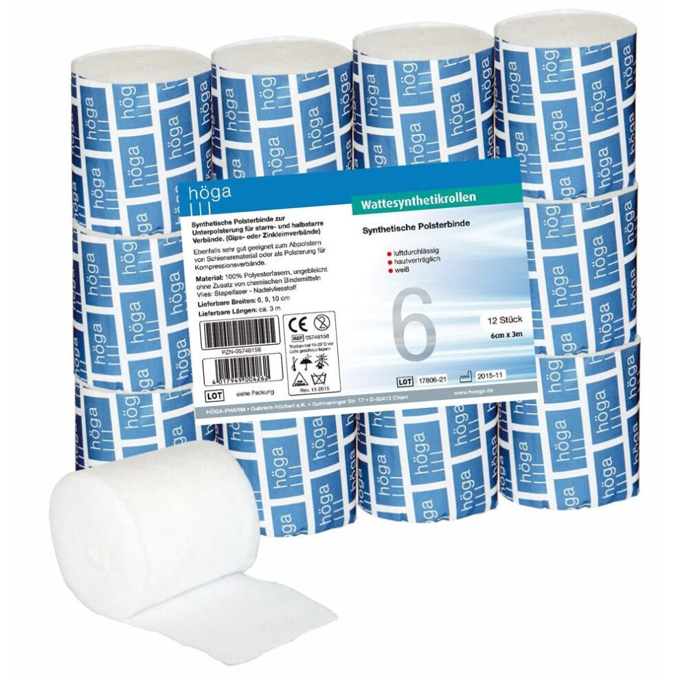 Hã¶Ga White Synthetic Padding Bandage Roll 3Â M X 6Â Cm, 1 Pack Of 12Â Rolls