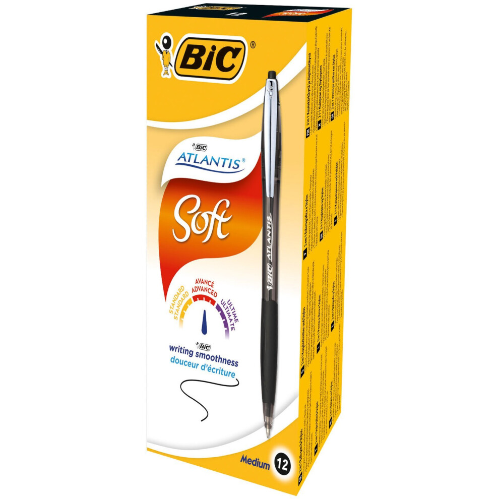 BIC Atlantis Soft Ball Pens Medium Point (1.0 mm) - Black, Box of 12