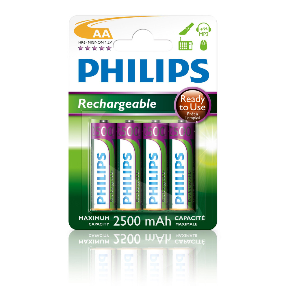 Philips, AA Rechargeable Batteries (NiMH 2500mAh) Pack of 4 Pre-Charged Batteries