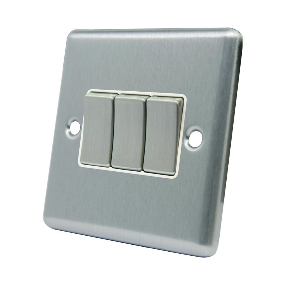 Light Switch Triple 3 Gang - Satin Matt Chrome Square - White Insert - Metal Rocker Switch - 10 Amp 3 Gang 2 Way 700867983521