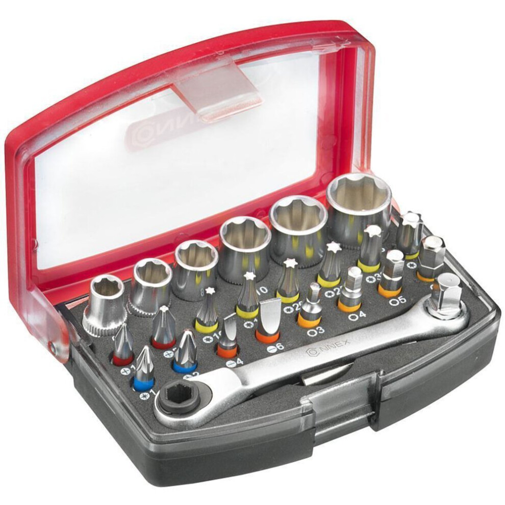 Connex COXB973925 Bit/Socket Wrench Set with Ratchet Box, Multi-Colour, Set of 25 Piece