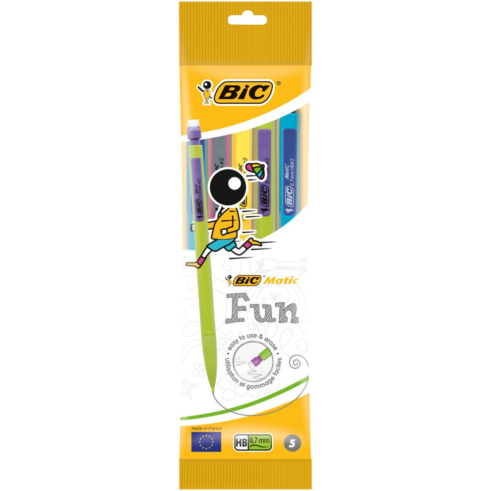 BIC Matic Fun 0.7mm Mechanical Pencils - Assorted Colours, Pouch of 5