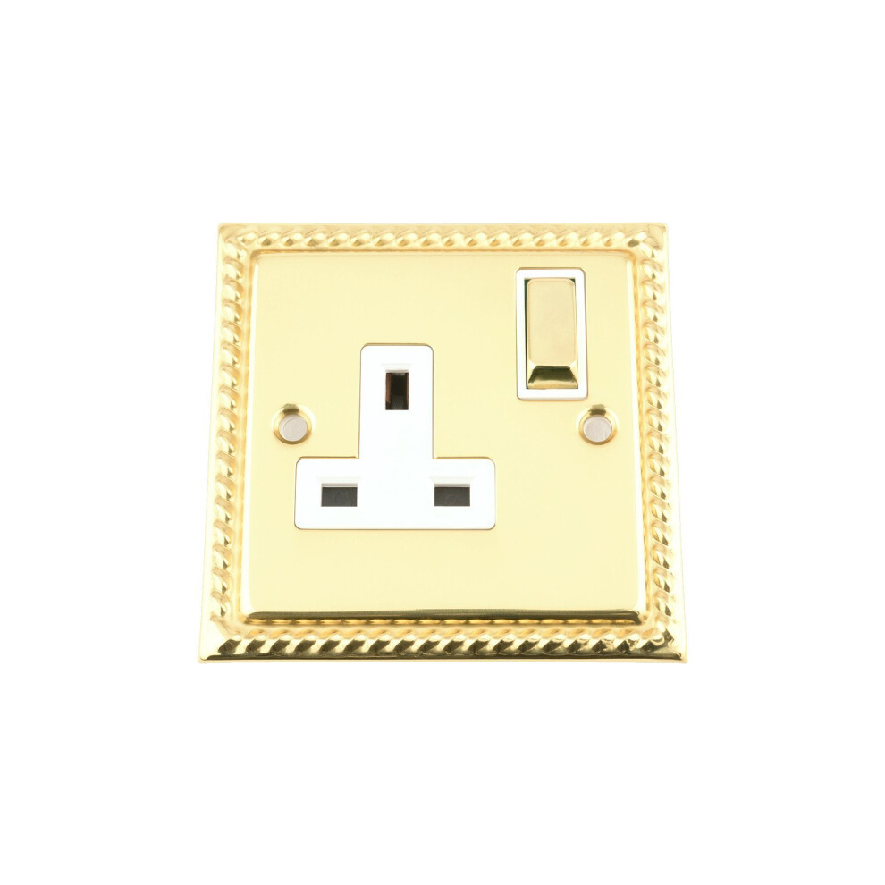 Single Plug Socket 1 Gang 13 Amp - Georgian - Polished Brass - White - Metal Rocker Switch 639713748932