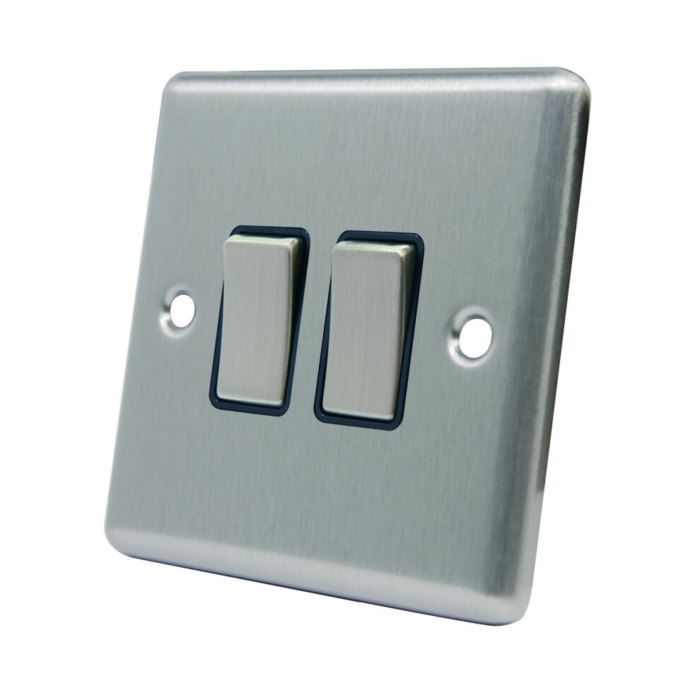 Double Light Switch 2 Gang - Satin Chrome - Square - Black - Metal Rocker Switch - 2 Gang 2 Way 10 Amp 639713748673