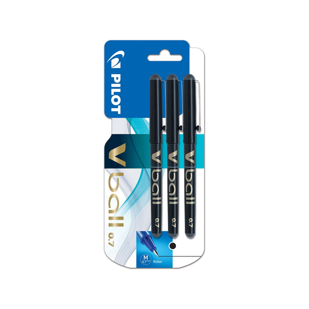 Pilot VBall 7 Rollerball Pen - Black (Pack of 3) - Pure Liquid Ink, Cone Tip, Jumbo Ink Tank, Non-Slip Grip (V-ball-07)