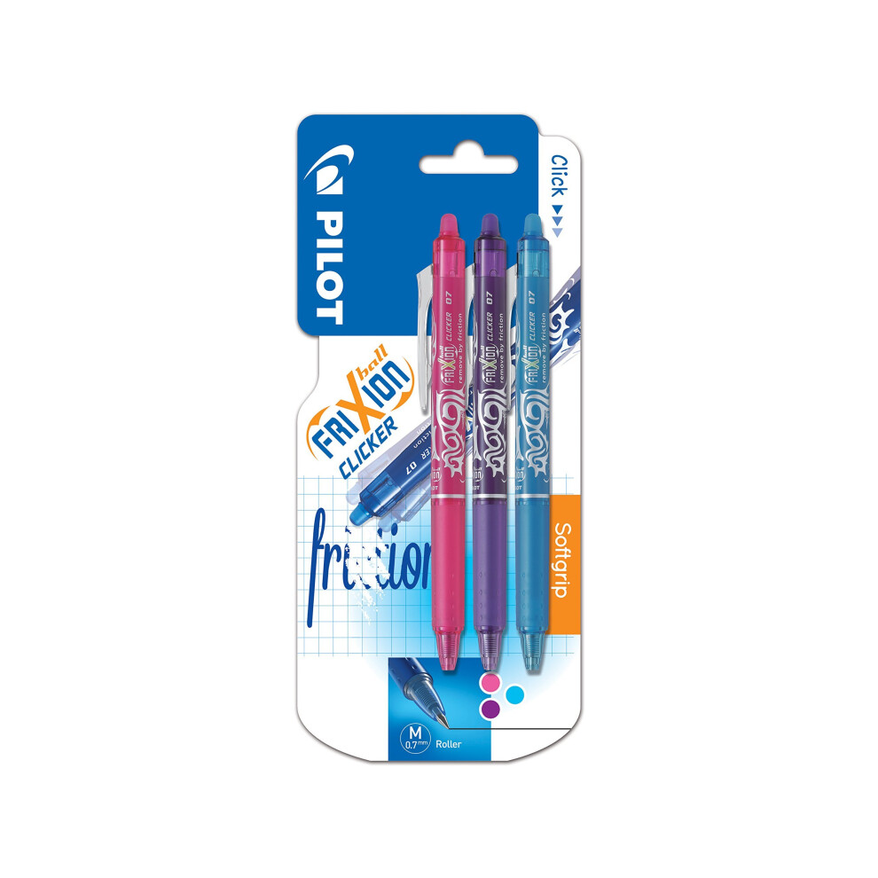 Pilot Frixion Clicker Retractable Erasable Rollerball 0.7 mm Tip - Violet/ Pink/ Turquoise, Pack of 3