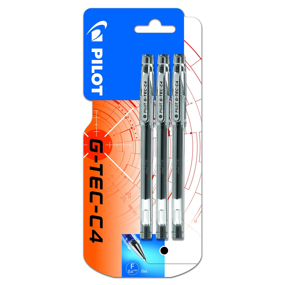 Pilot G - Tec C4 Gel Microtip Rollerball Pen, 0.4 mm Tip - Black, Pack of 3