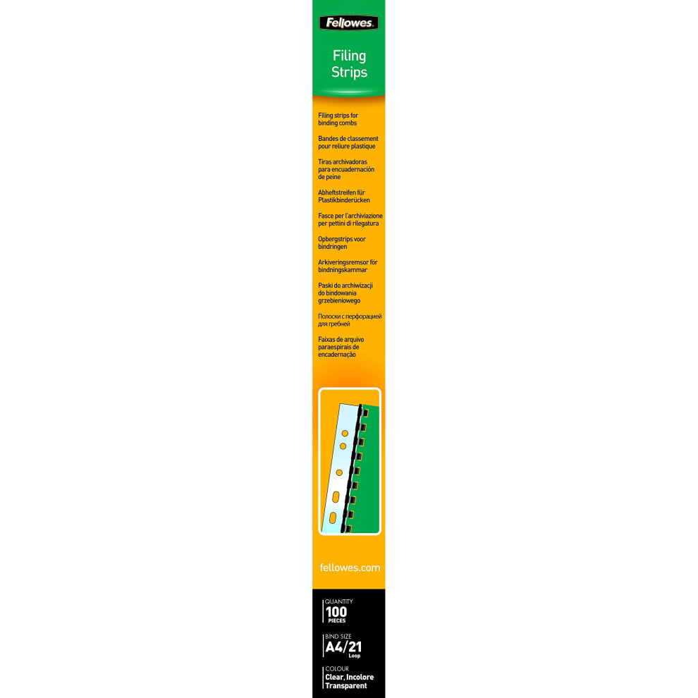 Fellowes Filing Strips for Plastic Spine A4, 21 Bunny Ears, 100 pcs, Transparent