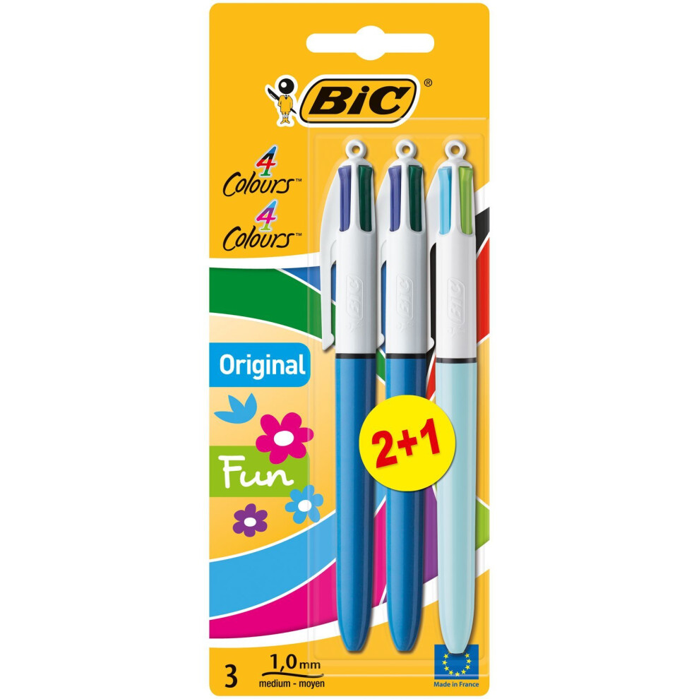 BIC 4 Colours Original and BIC 4 Colours Fun Ball Pens Medium Point  (1.0 mm) - Assorted Barrel Colours, Mixed Pack of 2+1