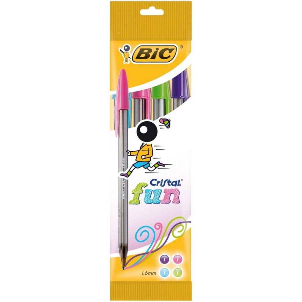 BIC Cristal Fun Ballpoint Pens Wide Point (1.6 mm) – Assorted Colours, Pouch of 4