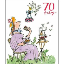 Birthday Card (WDM8999) 70th Birthday - Quentin Blake - Lady Having Cake In Garden