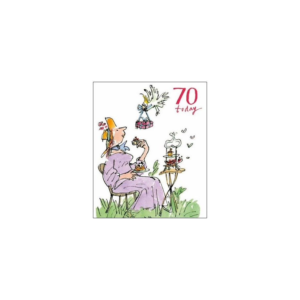 Birthday Card (WDM8999) 70th Birthday - Quentin Blake - Lady Having Cake In Garden