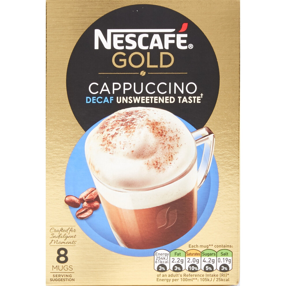 NESCAFÃ Gold Cappuccino Decaff Unsweetened Taste, 8 Sachets (Pack of 6)