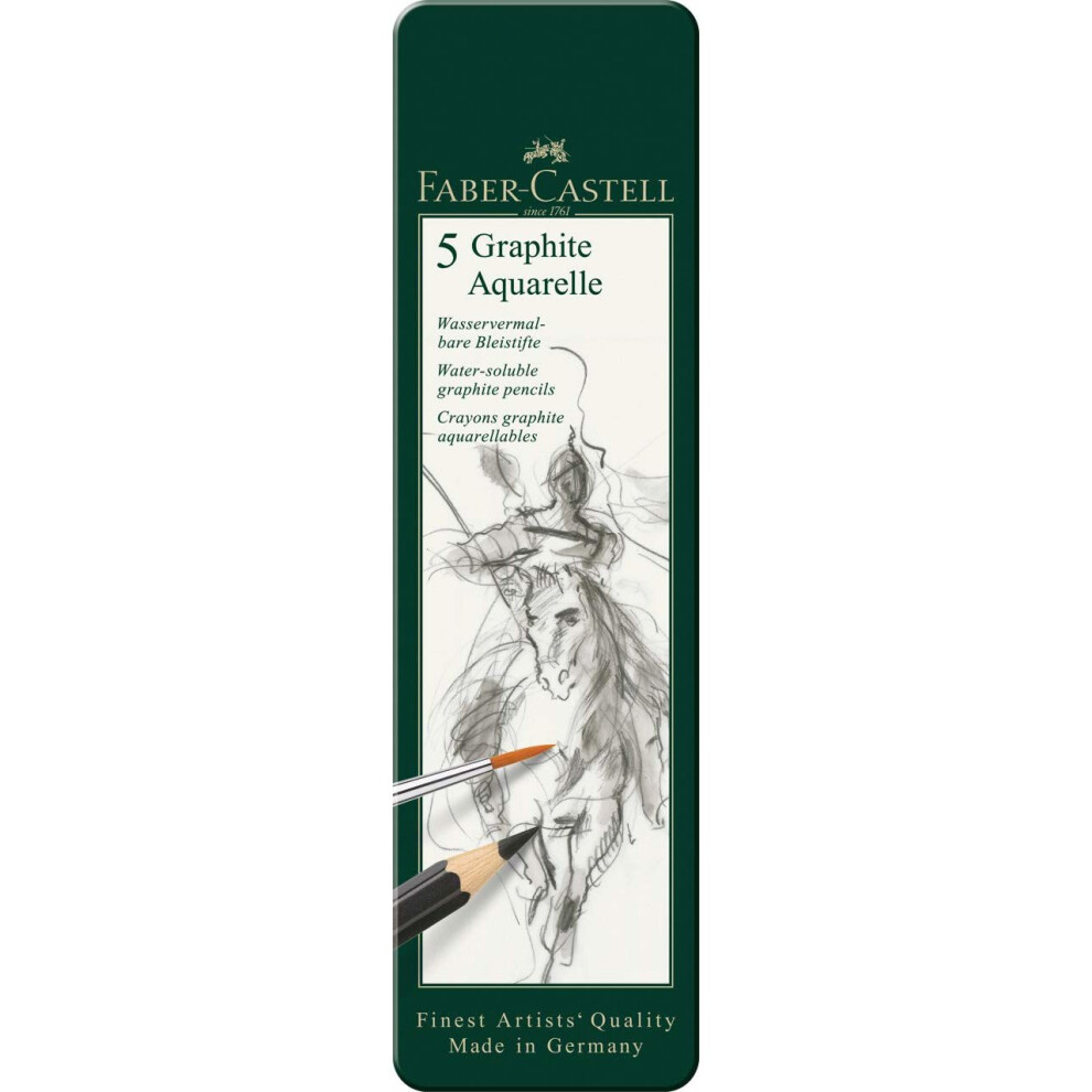 Faber-Castell 5 Piece Quality Water-Soluble Graphite Aquarelle Pencils in a Tin, Including HB, 2B, 4B, 6B and 8B