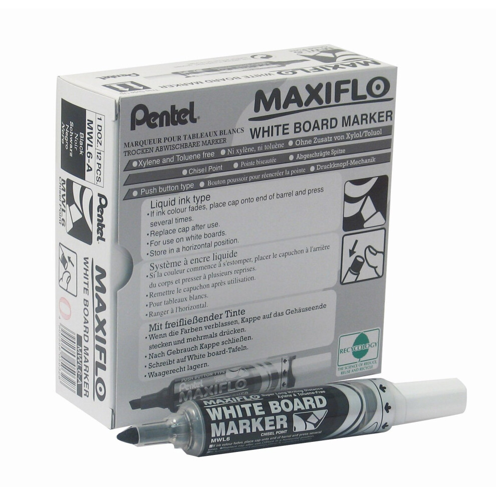 Pentel Maxiflo Dry Wipe Chisel Tip Marker - Black (Pack Of 12)