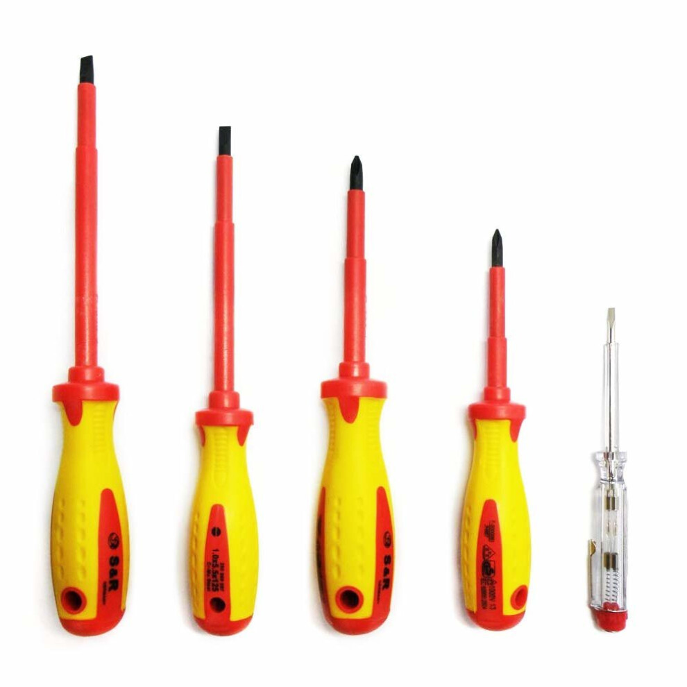S&R Isolated Screwdrivers Electricians Set Vde-Tested (German Electrical Engineering Association) 5-Piece, Sl Ph Tester, Professional Quality 4045366813051
