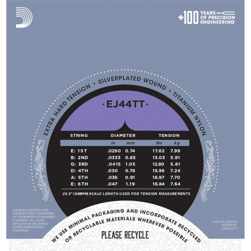 D'Addario EJ44TT ProArte Dynacore Titanium Trebles Extra-Hard Tension Classical Guitar Strings 1