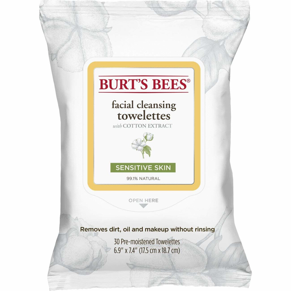 Burt's Bees 99.1 Percent Natural Facial Cleansing Towelettes, Wipes for Sensitive Skin with Cotton Extract, 30 Count