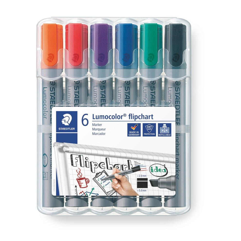 Staedtler flipchart marker Lumocolor, wedge point approx. 2 or 5 mm line width, set of 6 colours, ideal for flipchart pads, colour intensive, low...