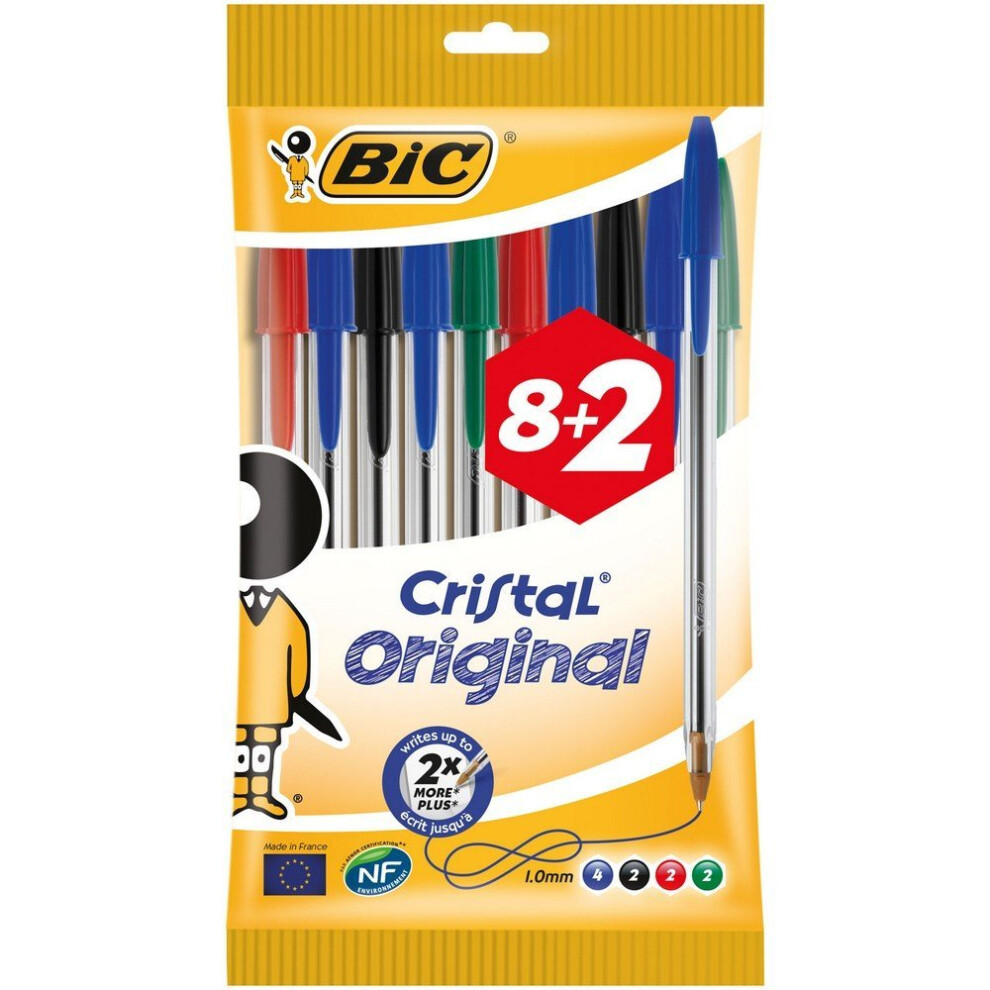 Bic Cristal Original Ballpoint Pens Medium Point (1.0 Mm) - Assorted Colours, Pouch Of 8+2 Blue/Red/Green