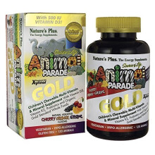 NaturesPlus, Animal Parade Gold, Complément Multivitaminé à Croquer pour Enfants, Cerise, Raisin et Orange, 120 Comprimés en Forme d'Animaux