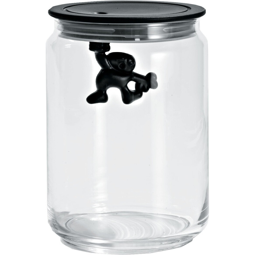 A Di Alessi Glass Gianni Jar A Little Man Holding On Tight Medium Kitchen Box with Hermetic Lid in Thermoplastic Resin, Black