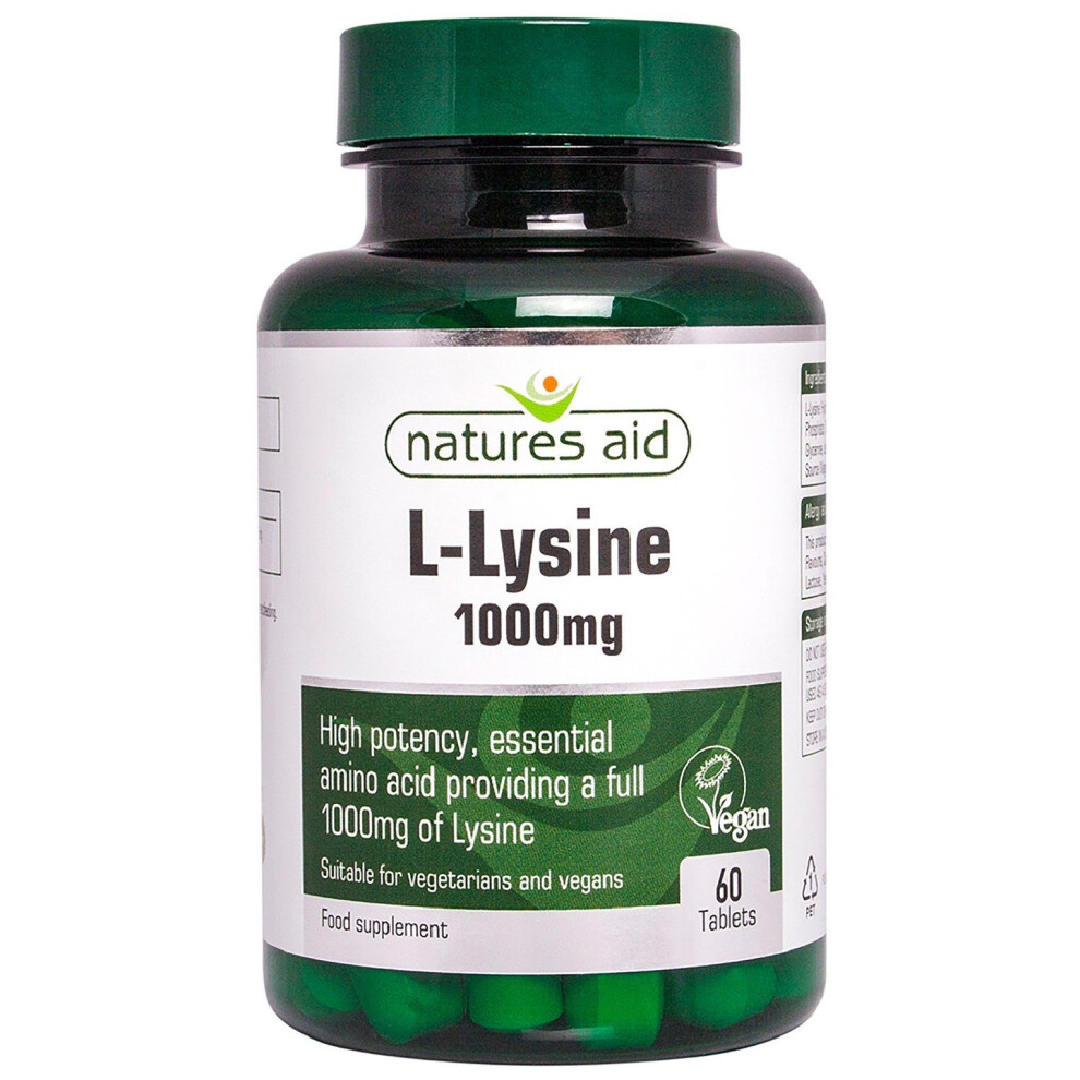 Natures Aid L-Lysine, 1000 mg, 60 Tablets (High Potency Essential Amino Acid, Made in the UK, Vegan Society Approved)