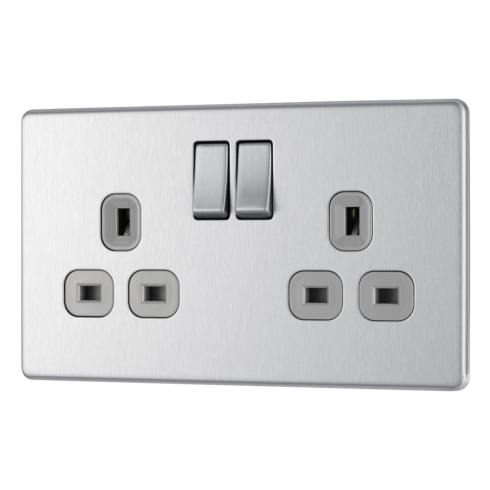 BG Electrical FBS22G-01 Screwless Flat Plate 13A 2 Gang Double Pole Switched Socket, Brushed Steel/Grey Insert, 250 V