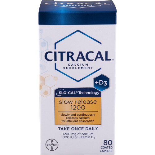 Bayer Citracal, Complément de Calcium, Libération Prolongée 1200 + D3, 80 Comprimés Enrobés