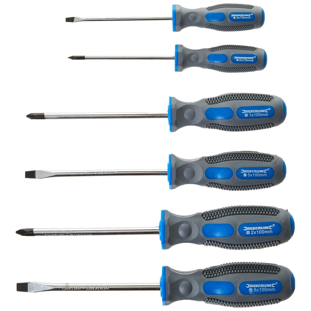 Silverline 546524 General Purpose Soft-Grip Screwdriver Set Slotted & Phillips 6-Pieces-Bicoloured(Blue/Grey)