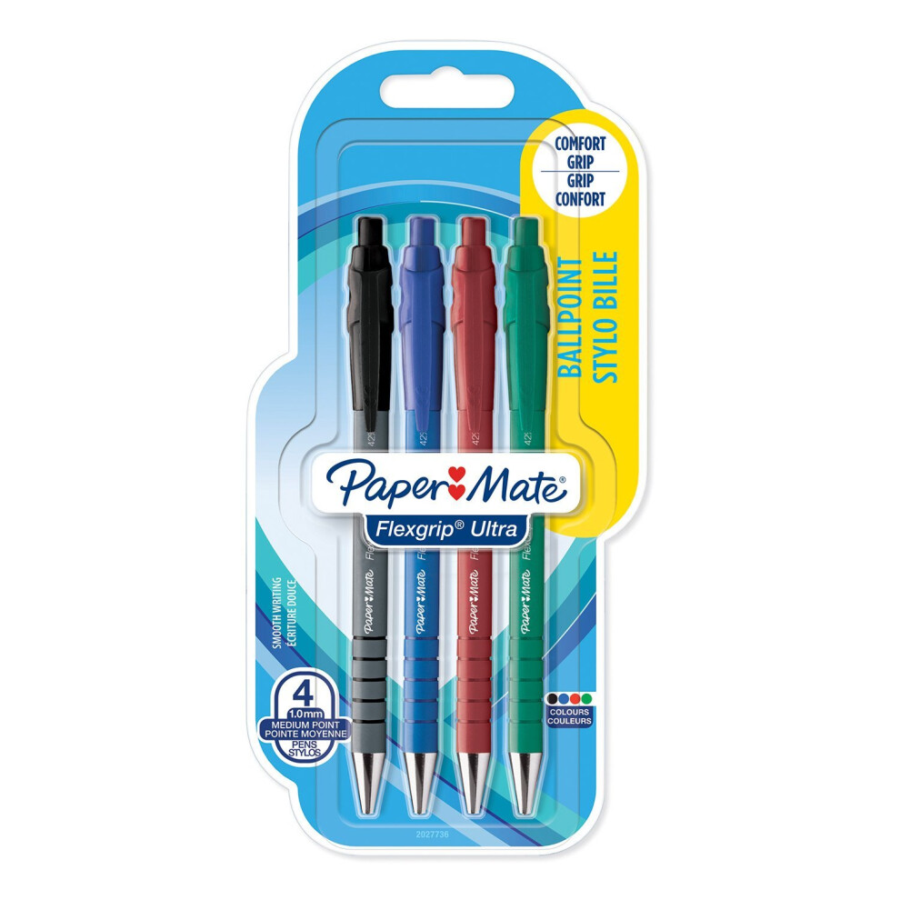 PaperMate Medium Point (1.0 mm) Flexgrip Ultra Retractable Ballpoint Pen, Assorted Colours, Pack of 4