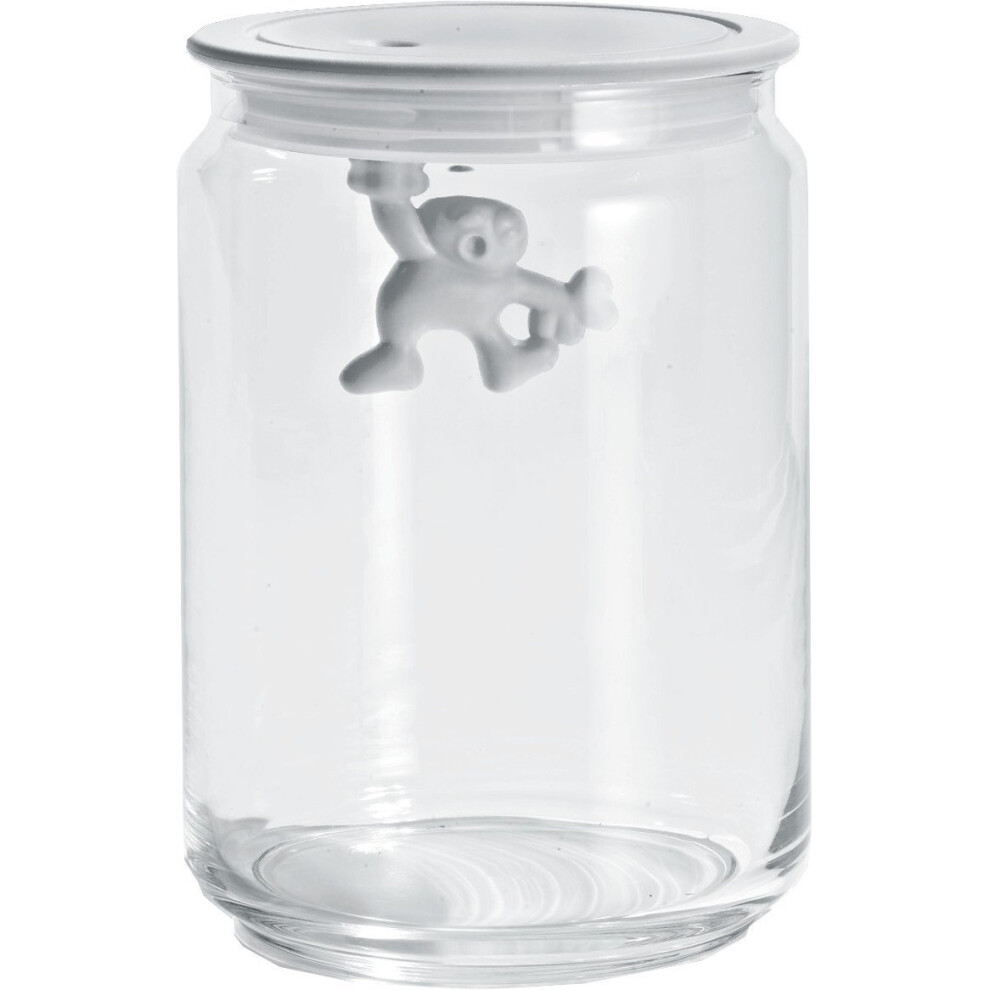 A Di Alessi Glass Gianni Jar A Little Man Holding On Tight Medium Kitchen Box with Hermetic Lid in Thermoplastic Resin, White