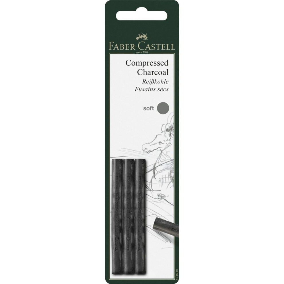 Faber-Castell Pack of 3 Compressed PITT Charcoal Sticks, Intensive Black, Soft