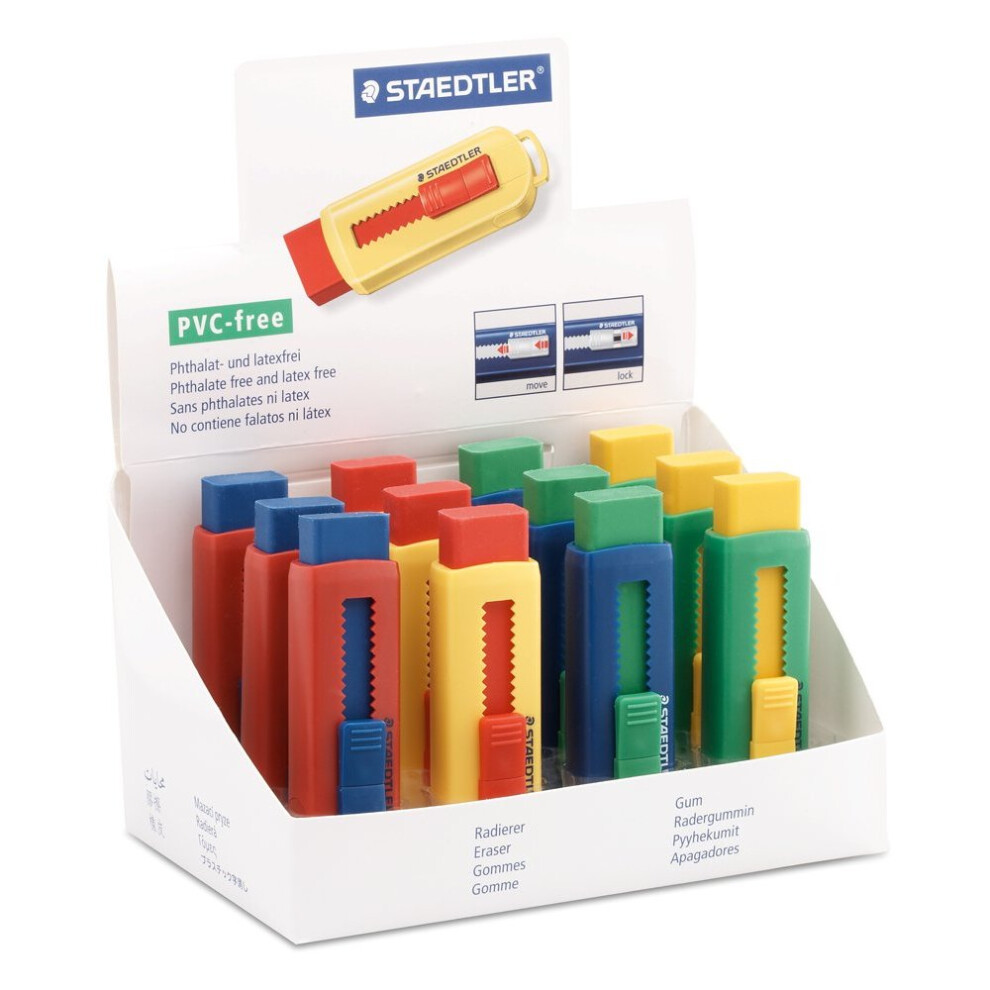 Staedtler 525 PS1 S PVC-Free Eraser with Sliding Plastic Sleeves - Assorted Colours (Pack of 12)