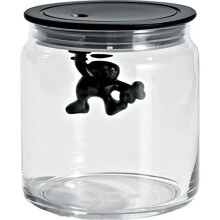 A Di Alessi Glass Gianni Jar A Little Man Holding On Tight Small Kitchen Box with Hermetic Lid in Thermoplastic Resin, Black