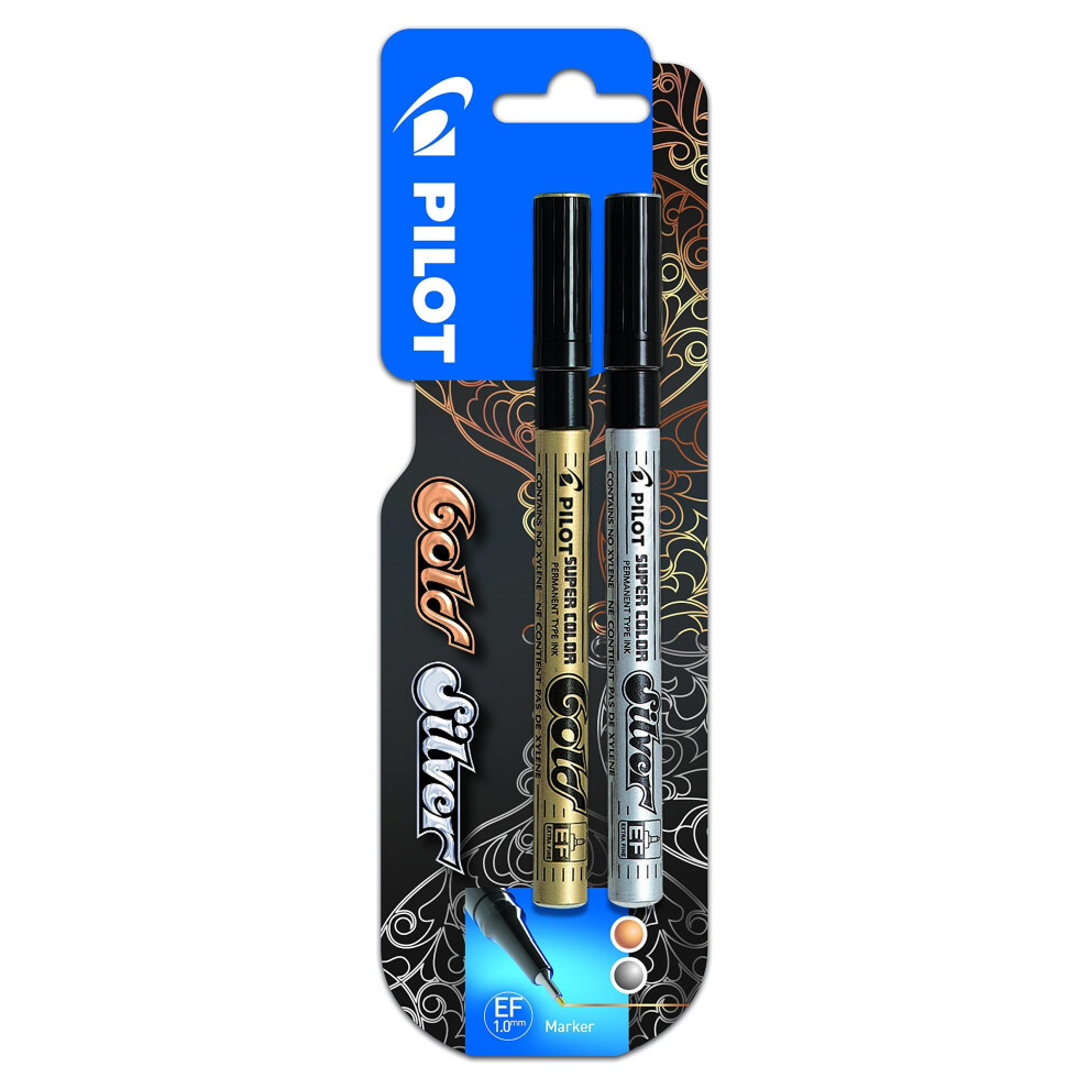 Pilot Super Colour Extra Fine Marker Bullet 1.0 mm Tip - Gold/Silver, Pack of 2