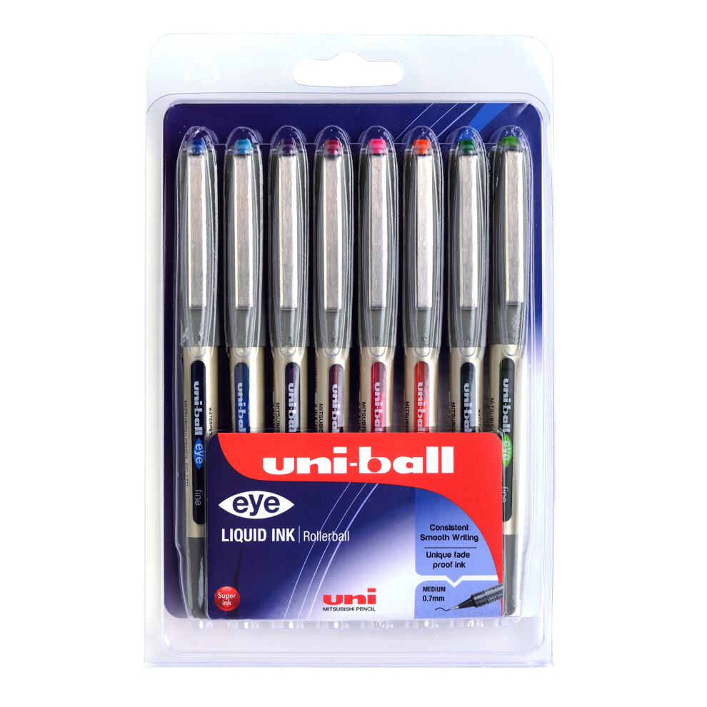 UB-157 Eye Fine Rollerball Pens, Assorted Colors Uni Super Ink, .7mm Nib, Pack of 8