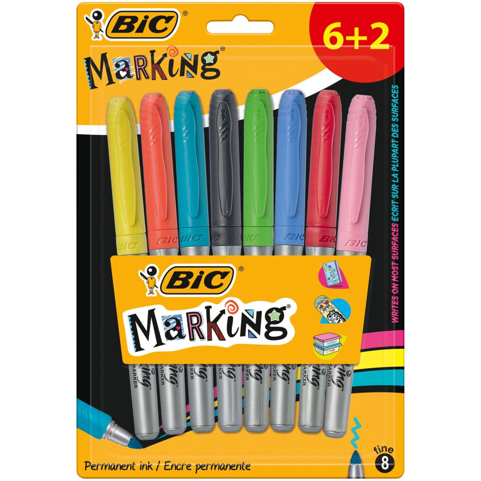 BIC Marking Permanent Markers Fine Tip Assorted Intense & Pastel Colours 6+2 Pack