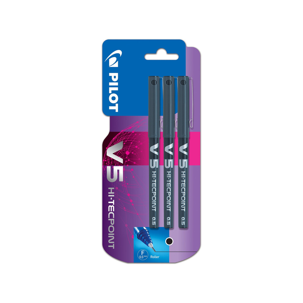 Pilot V5 Liquid Ink Rollerball Pen, 0.5 mm Tip - Black, Pack of 3