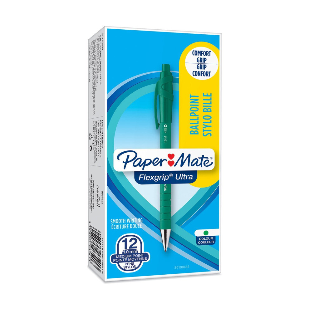 Paper Mate Papermate Medium Point (1.0 Mm) Flexgrip Ultra Retractable Ballpoint Pen, Box Of 12 Green