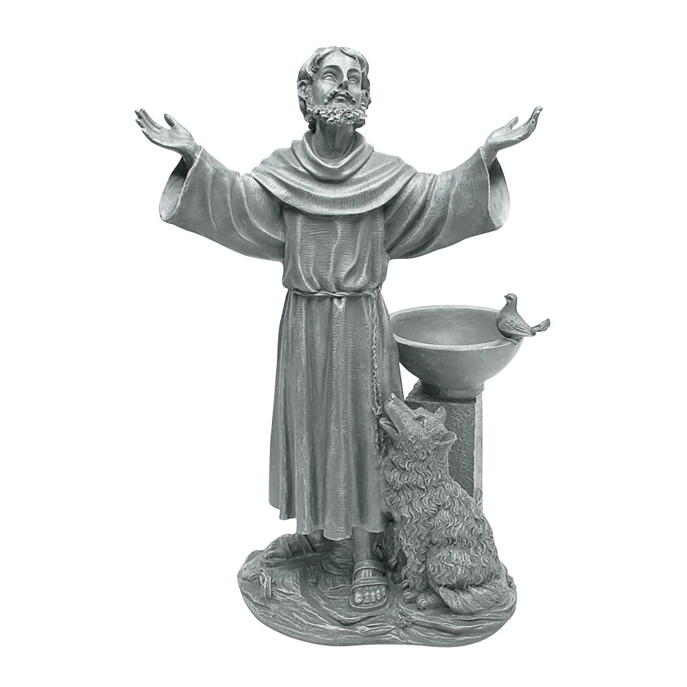 Design-Toscano Design Toscano St. Francis' Blessing Religious Garden Decor Statue With Bird Bath Bird Feeder, 48 Cm, Polyresin, Greystone