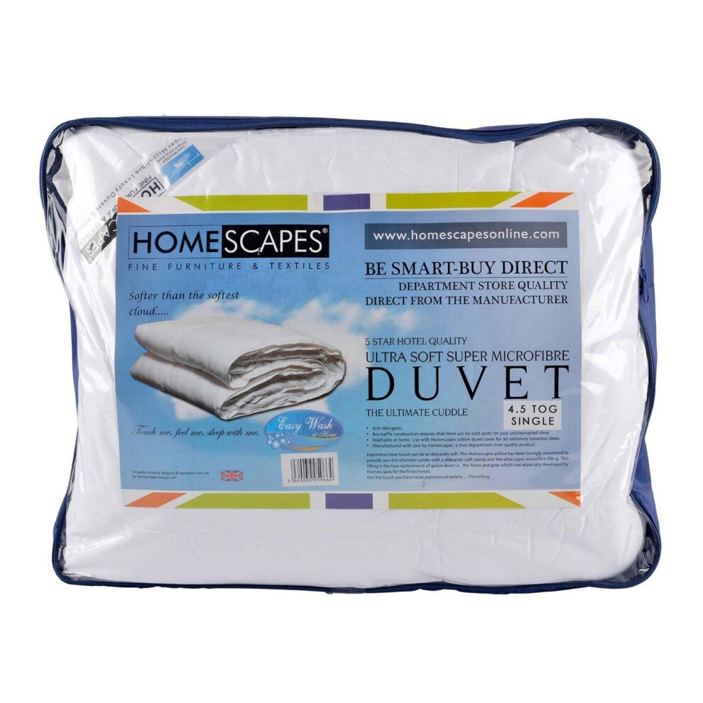 Homescapes Luxury Hotel Quality Super Microfibre 4.5 Tog Single Size Summer Duvet White