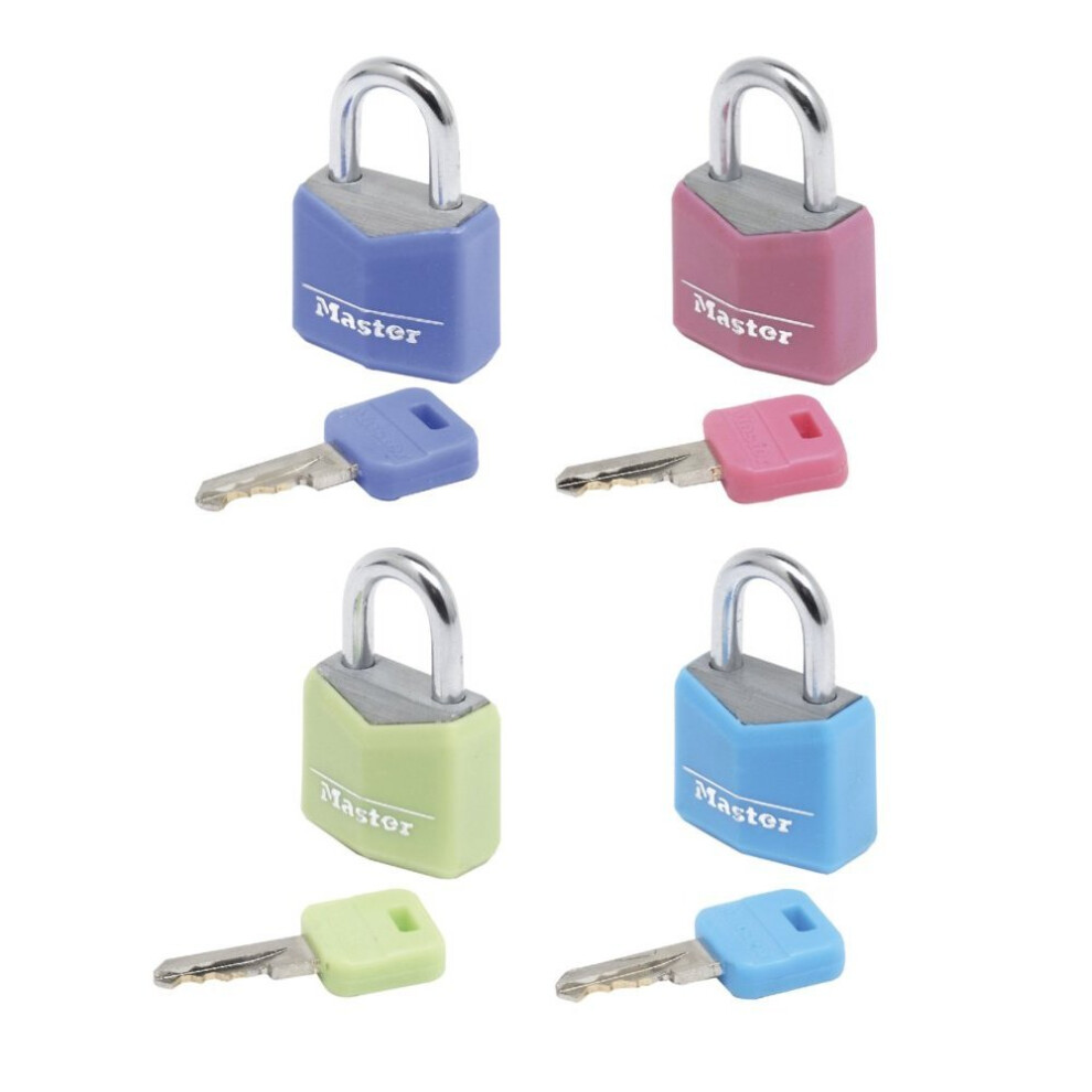 Master Lock Padlock, Solid Body Lock, Keyed Alike, Best Used for Backpacks, Luggage, Computer Bags and More, Assorted Colours (Pack of 4)