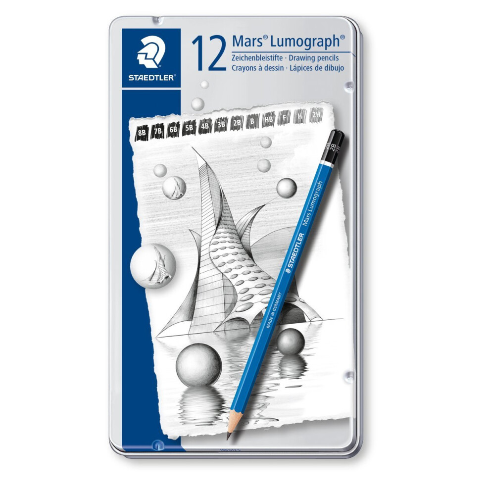 Staedtler 100 G12 S Mars Lumograph Pencils 8B-2H with Soft Grades - Tin of 12