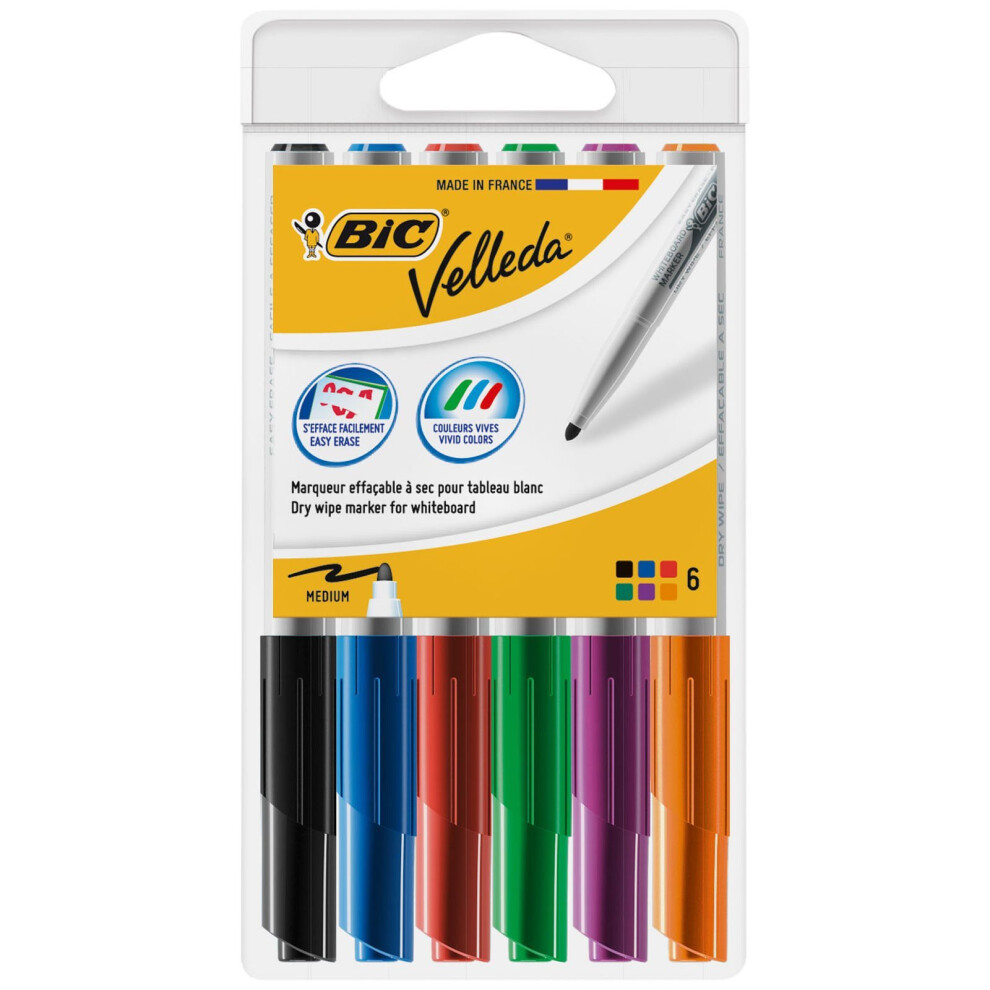 BIC Velleda 1741 Whiteboard Pens - Assorted Colours, Plastic Wallet of 6