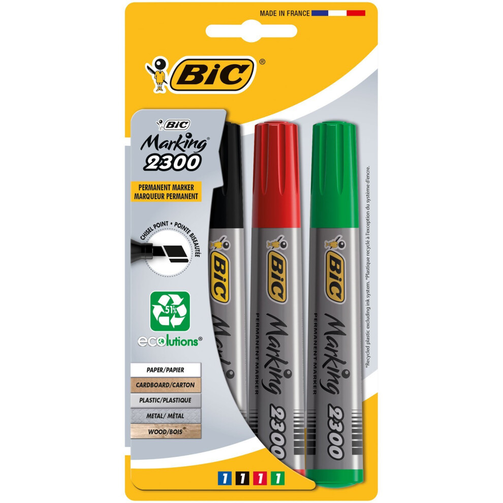 BIC Marking 2300 Permanent Markers Chisel Tip Assorted Colours 4 Pack