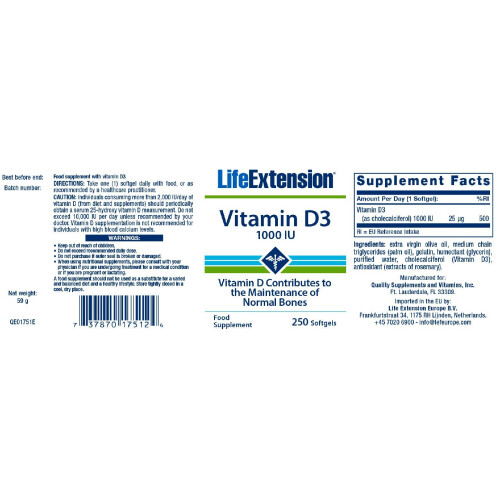 Life Extension, Vitamin D3, 25 mcg (1.000 IE), 250 Softgels 1